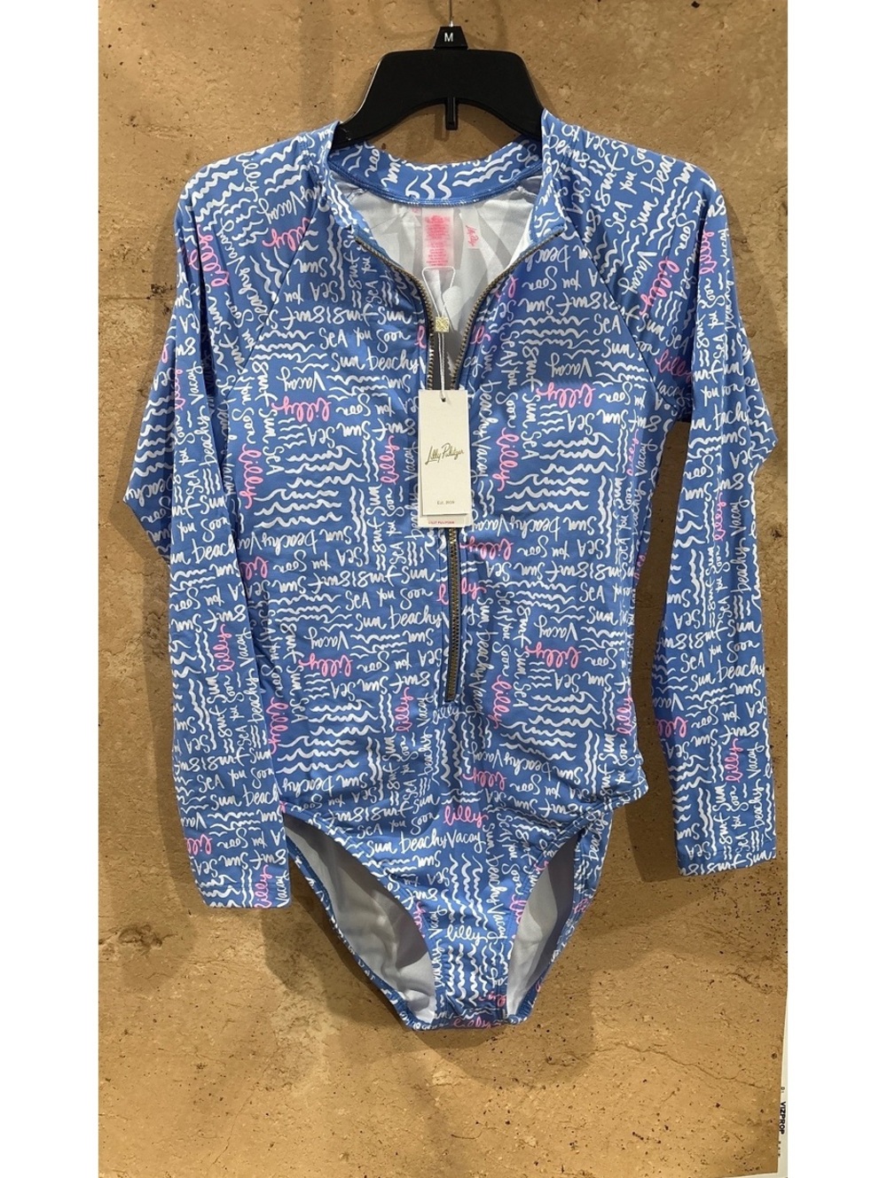 Lilly Pulitzer Women's Long Sleeve One-Piece Swimsuit, Blue with White and Pink